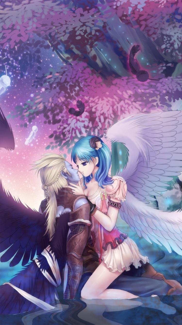Wallpaper Angel girl kiss boy, wings, trees, beautiful anime