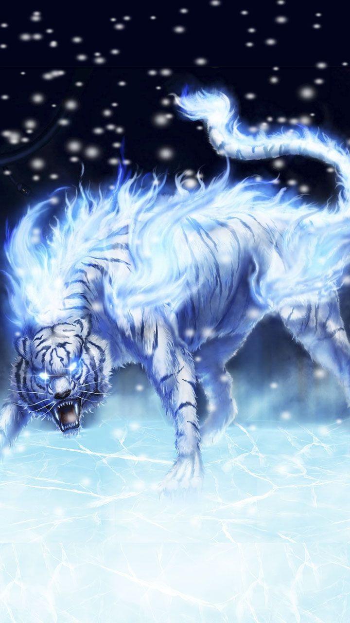 Icy flame neon white tiger. Blue white tiger wallpaper with ice