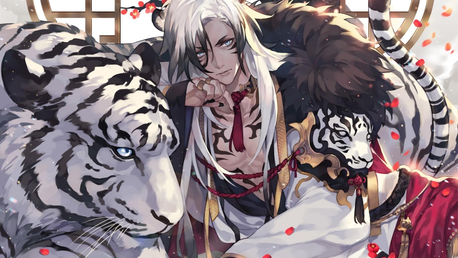Download 1600x900 White Tiger, Anime Boy, Shoujo, Red