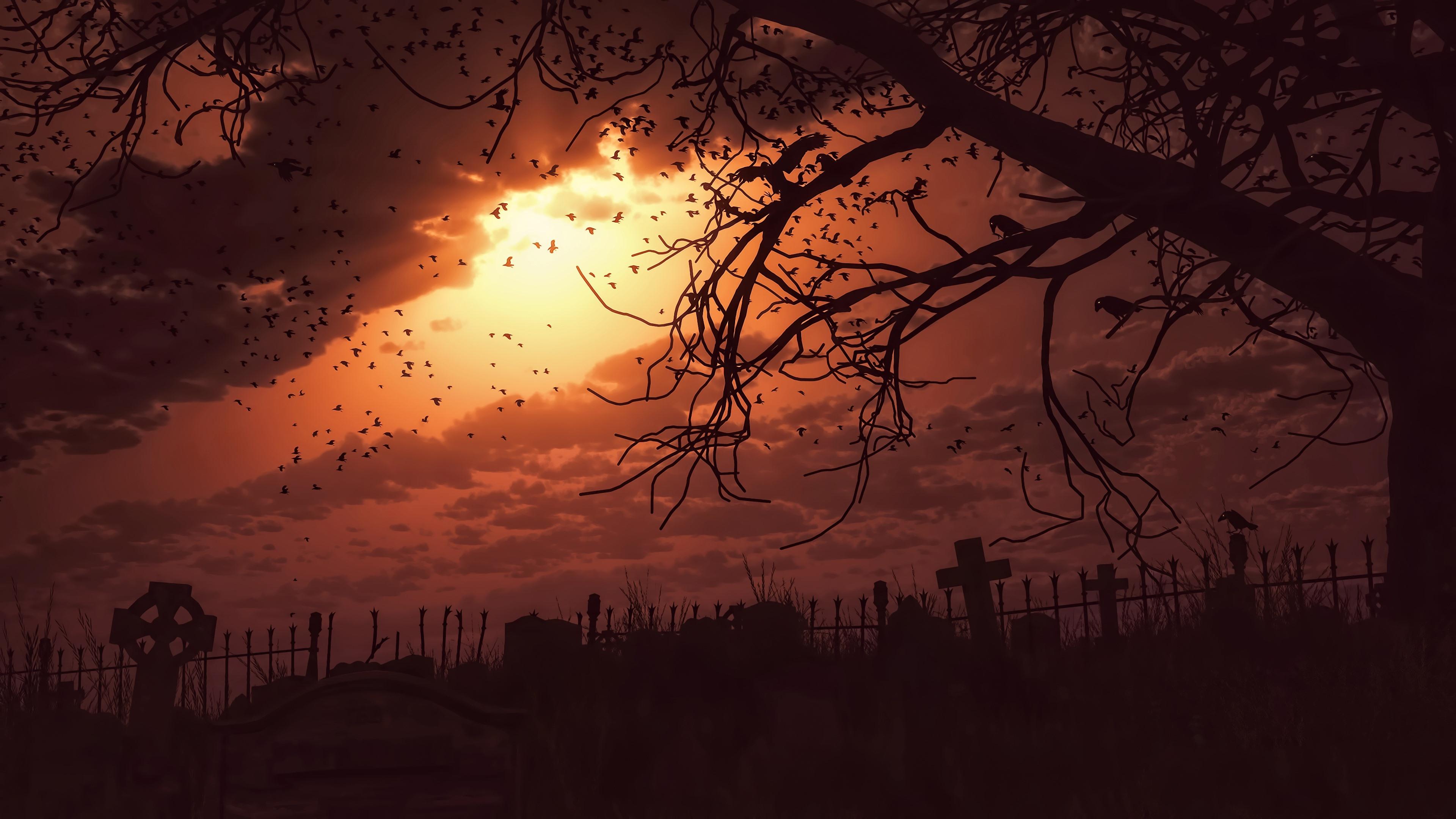 Wallpaper Night, darkness, cemetery, crows, terror, art picture 3840x2160 UHD 4K Picture, Image