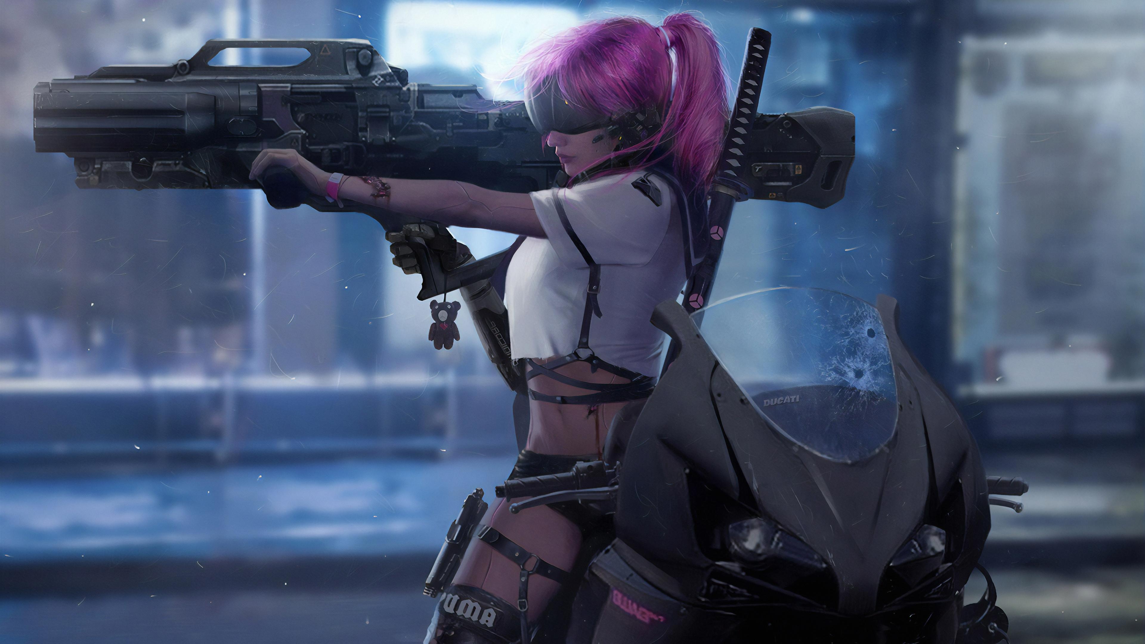 Cyberpunk Girl With Rocket Launcher, HD Artist, 4k
