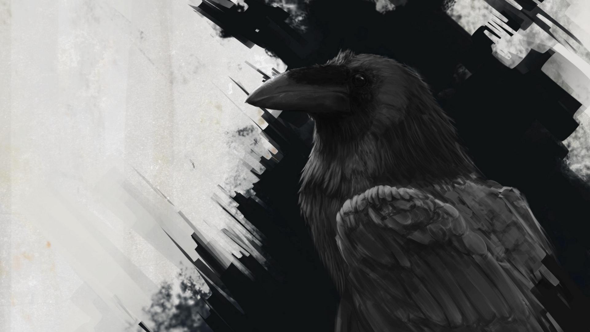 Download wallpaper 1920x1080 raven, bird, art, black, lines