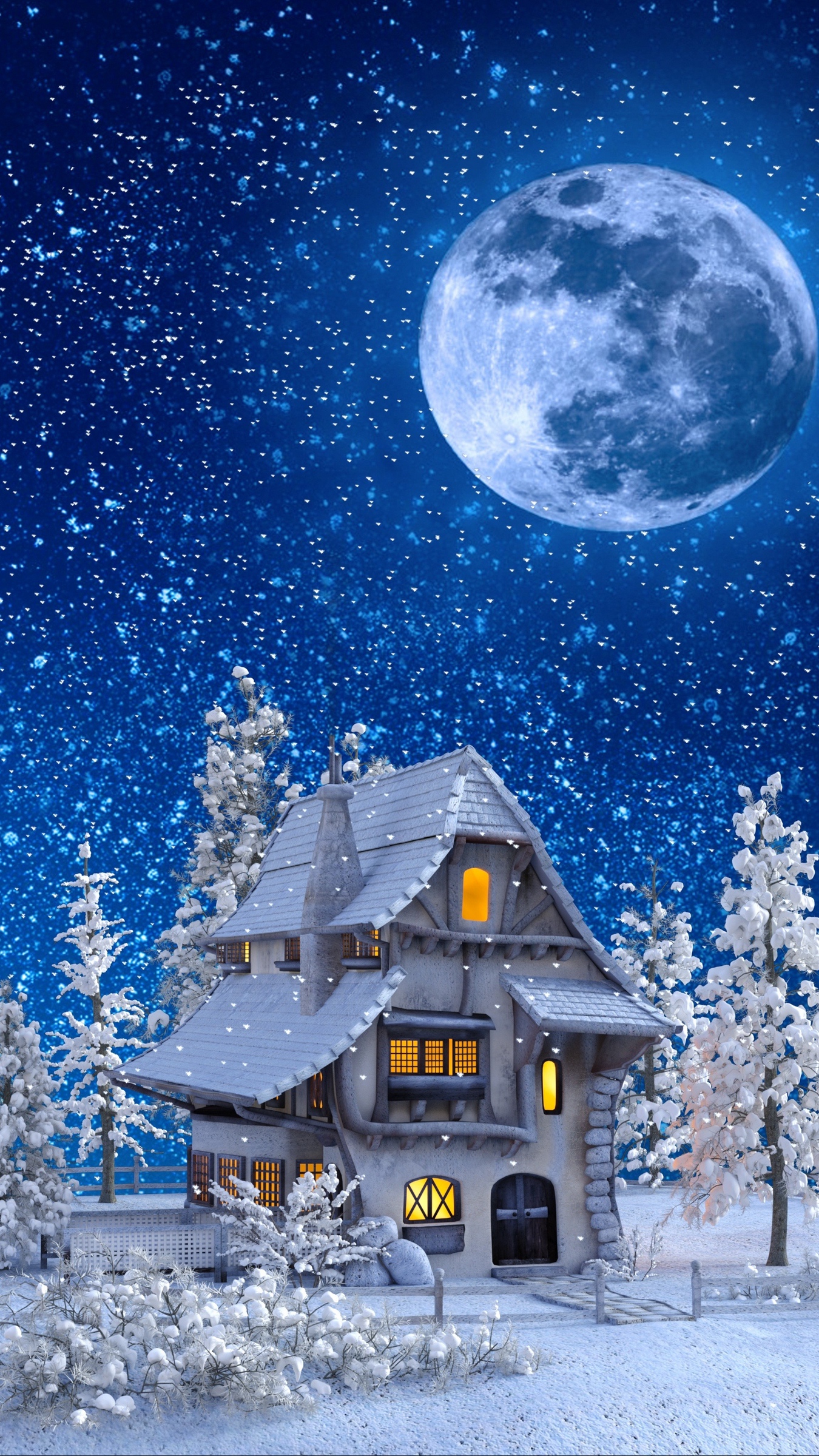 Download wallpaper 1350x2400 houses, winter, snow, moon, toy