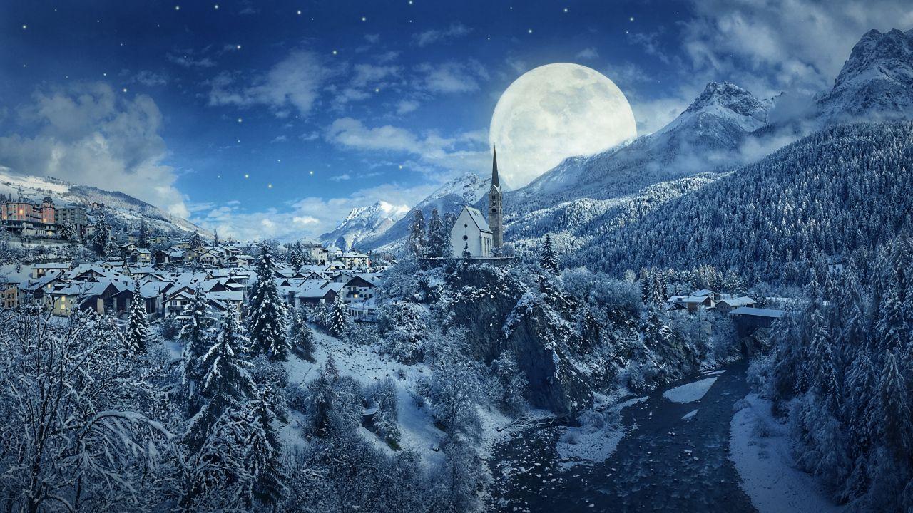 Wallpapers Winter, Moon, Mountains, Pine trees, Village