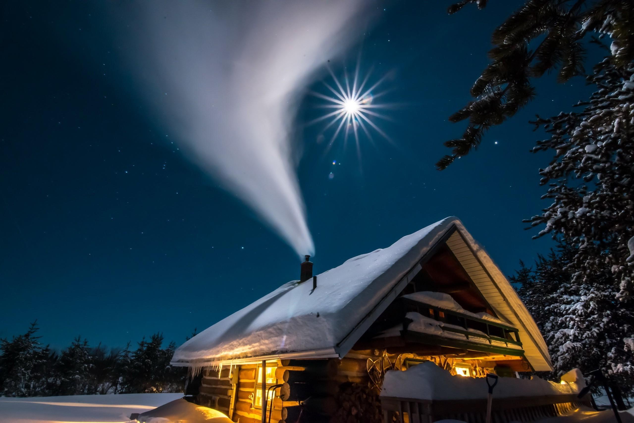 wood house nature landscape chimneys smoke moon