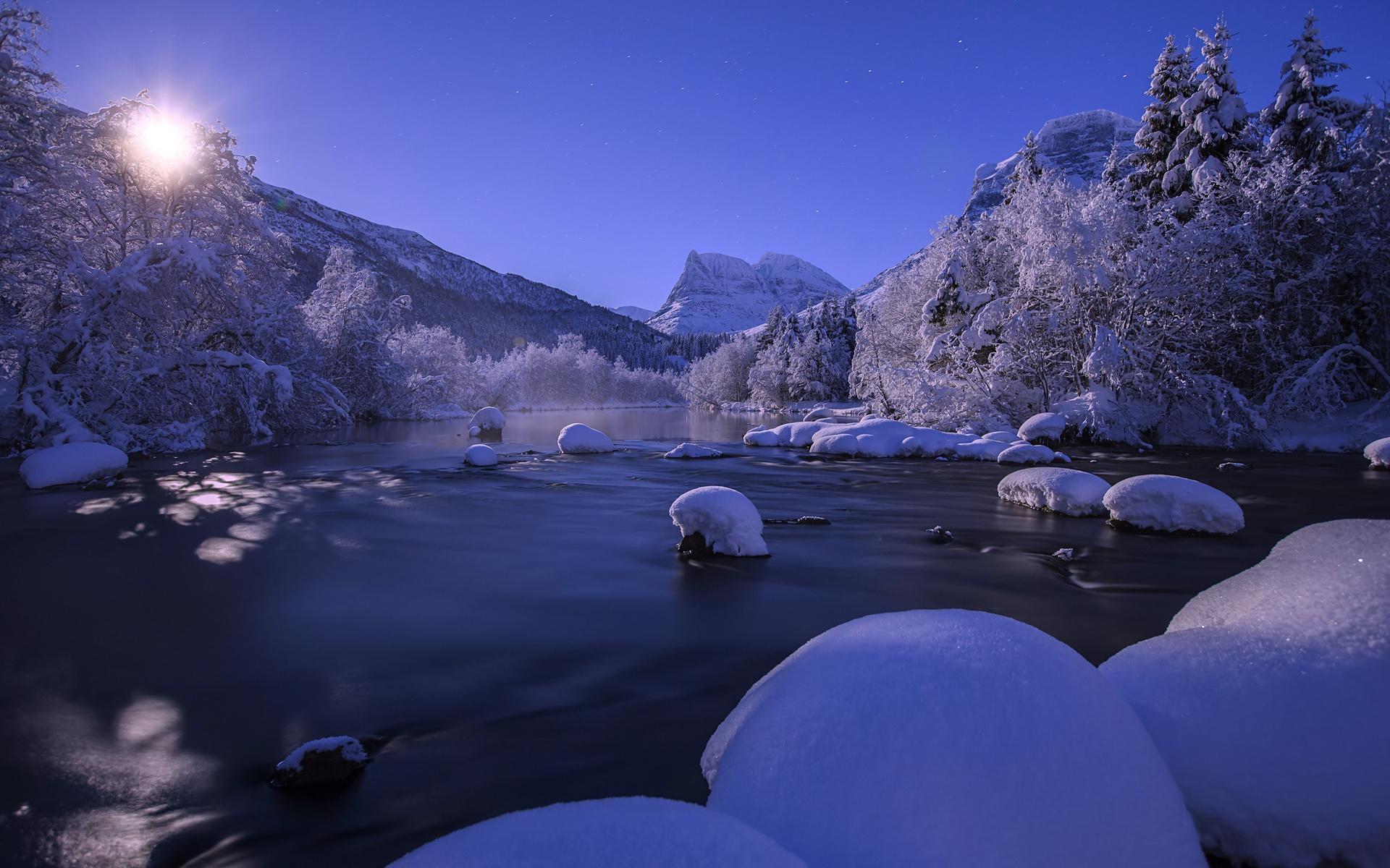 Nature landscapes river streams mountains night moonlight