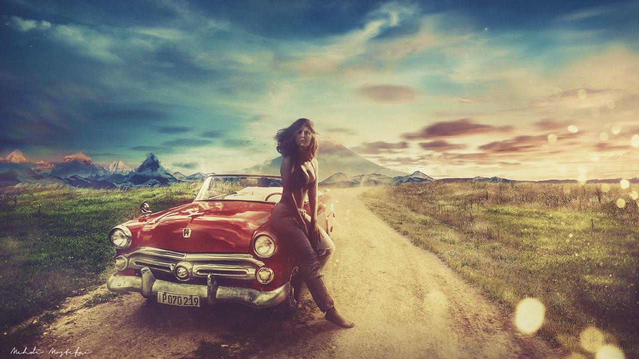 Wallpaper Hot girl, Vintage car, Landscape, Warm, HD