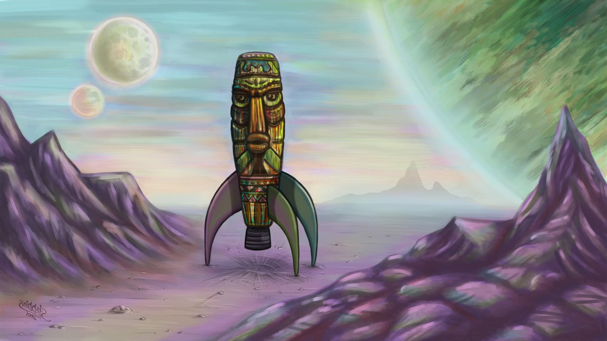 space, Vintage, Totem, Tiki, Rockets, Artwork, Fantasy Art