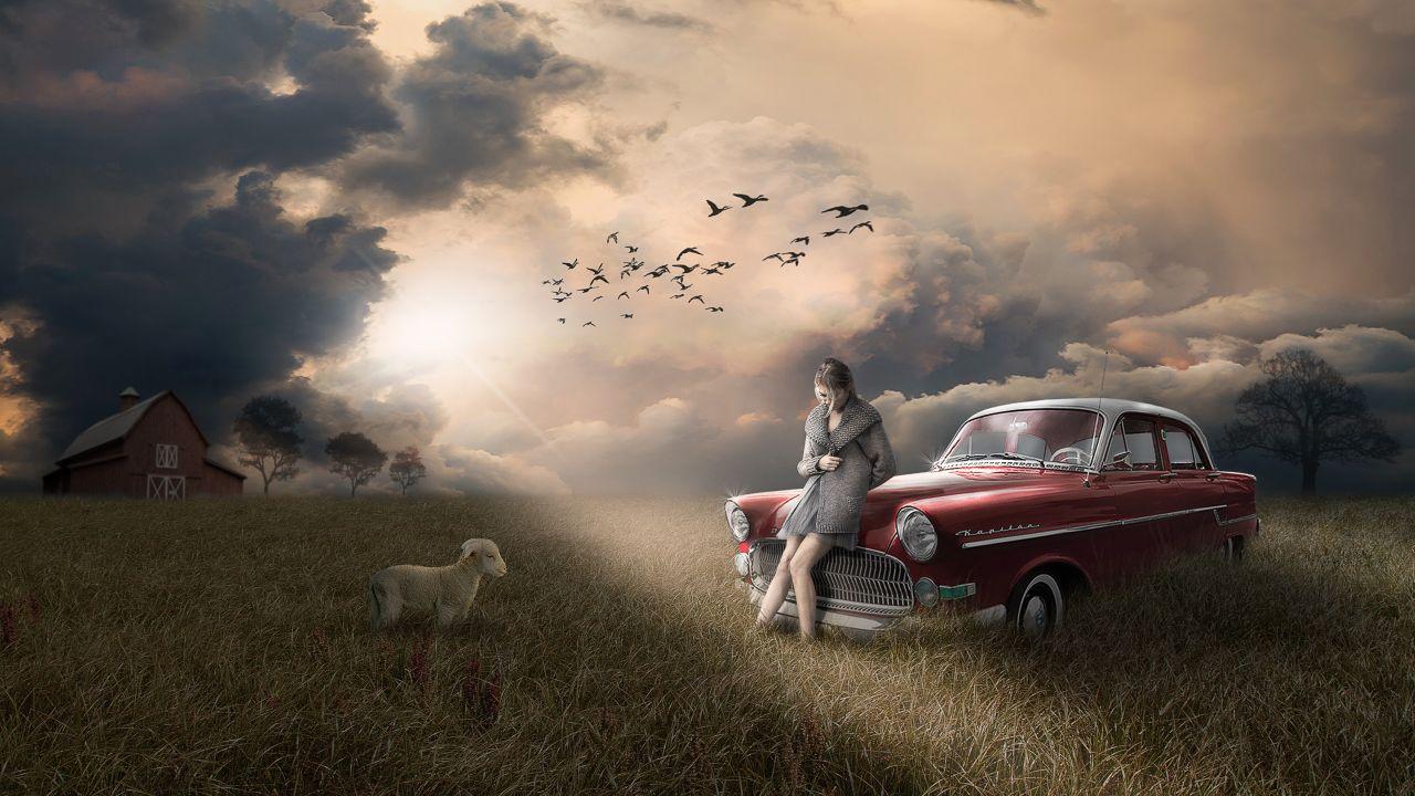 Wallpaper Woman, Alone, Vintage car, Lamb, Sun light, Sunset