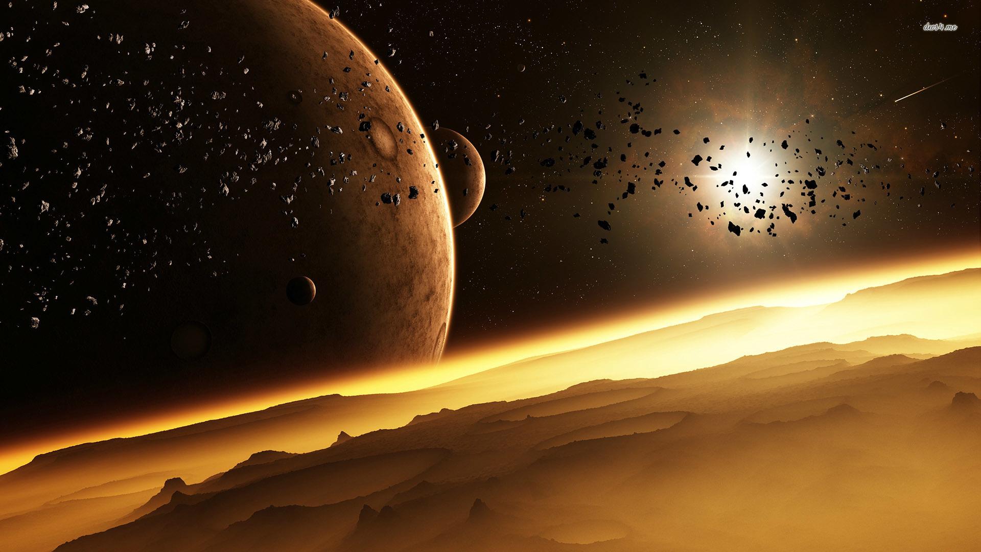 Asteroids orbiting the golden planet wallpaper