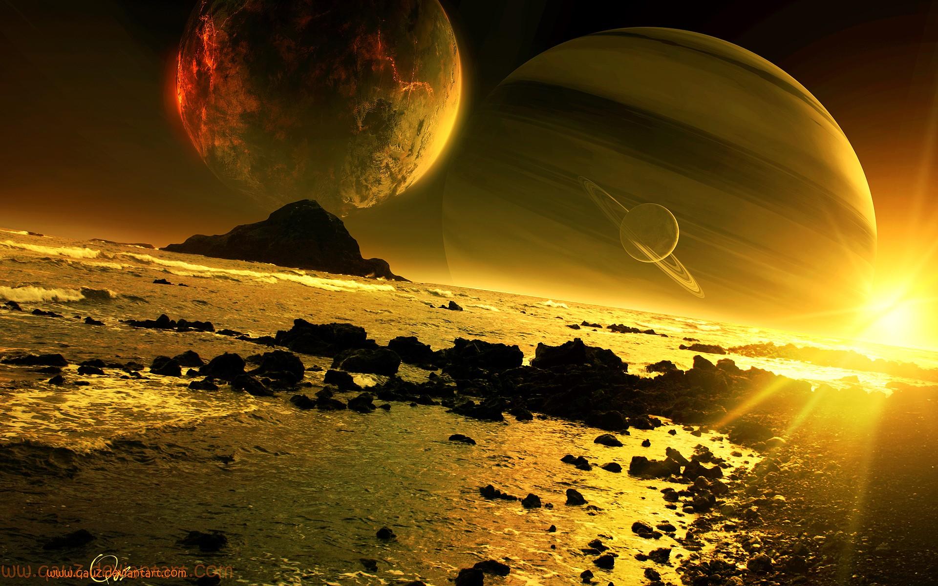 sunrise, outer space, planets, golden, digital art, science