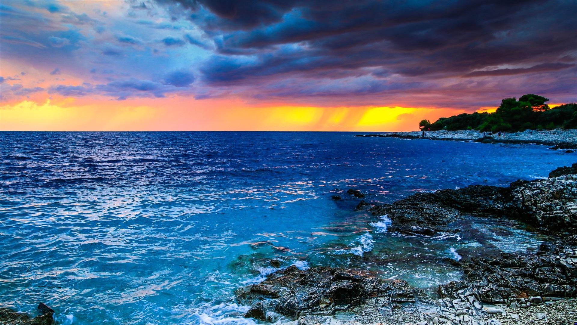 Wallpaper Croatia, beautiful sunset, sea, clouds, stones