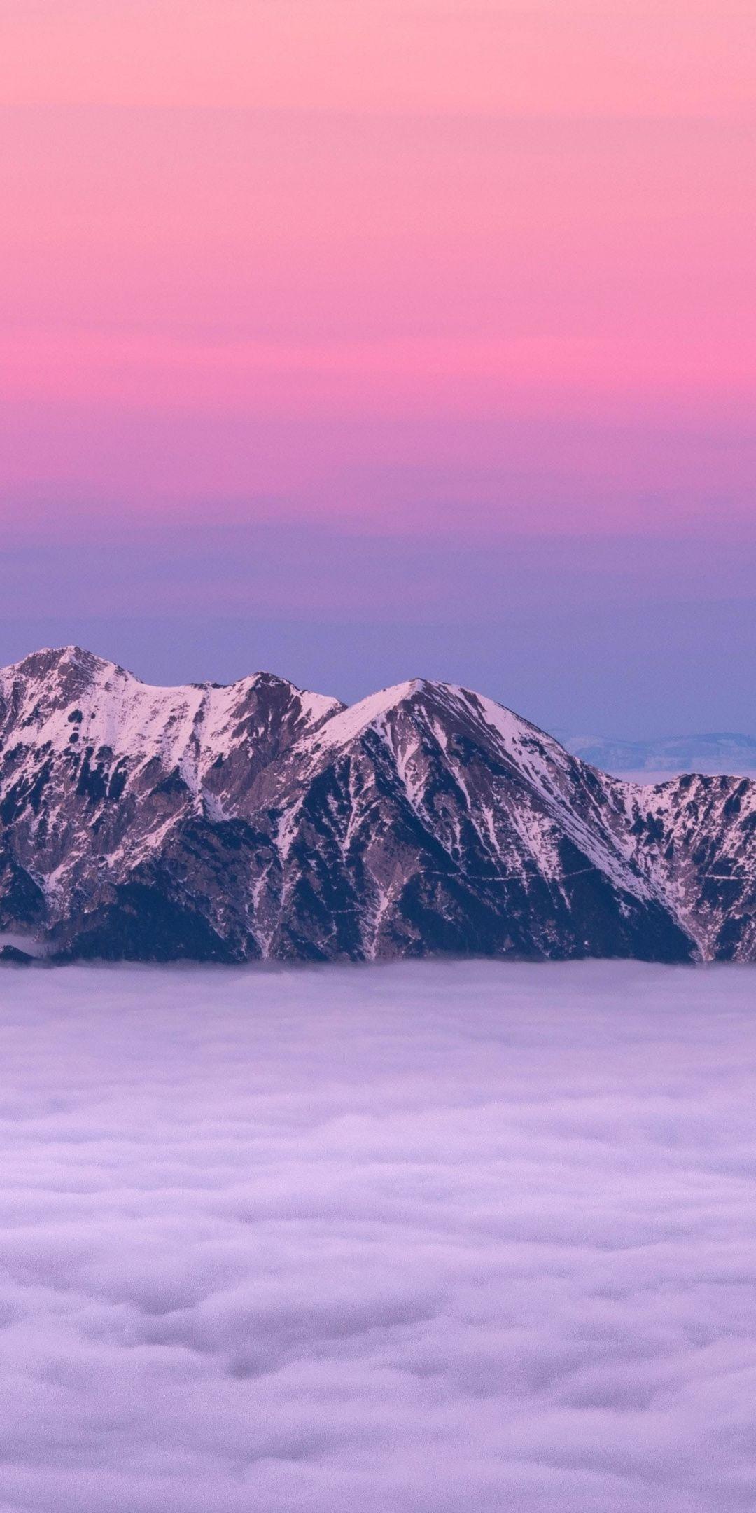 Pink sky, clouds, sunset, mountains, 1080x2160 wallpaper