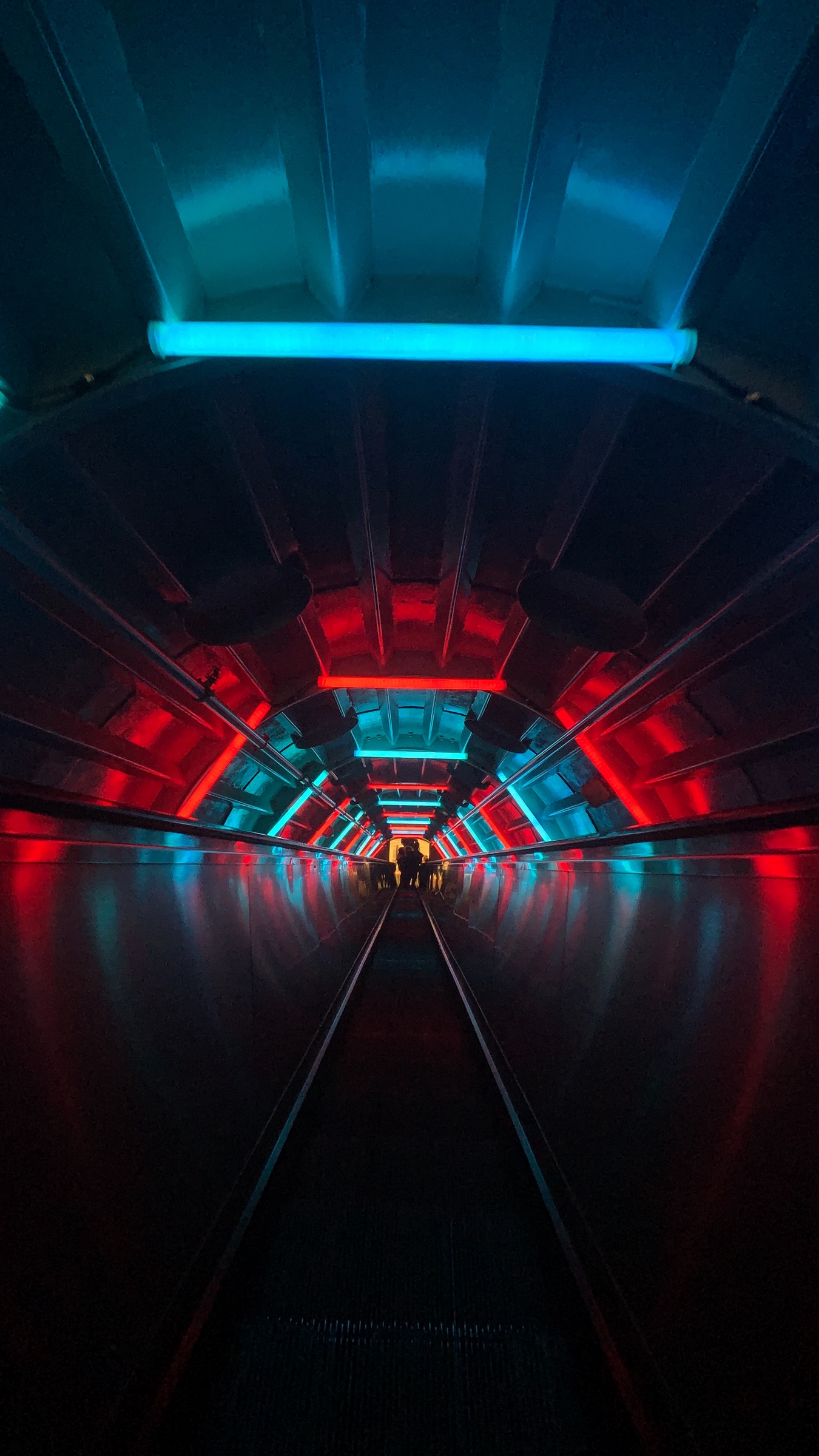 Download wallpaper 1350x2400 escalator, tunnel, dark, neon