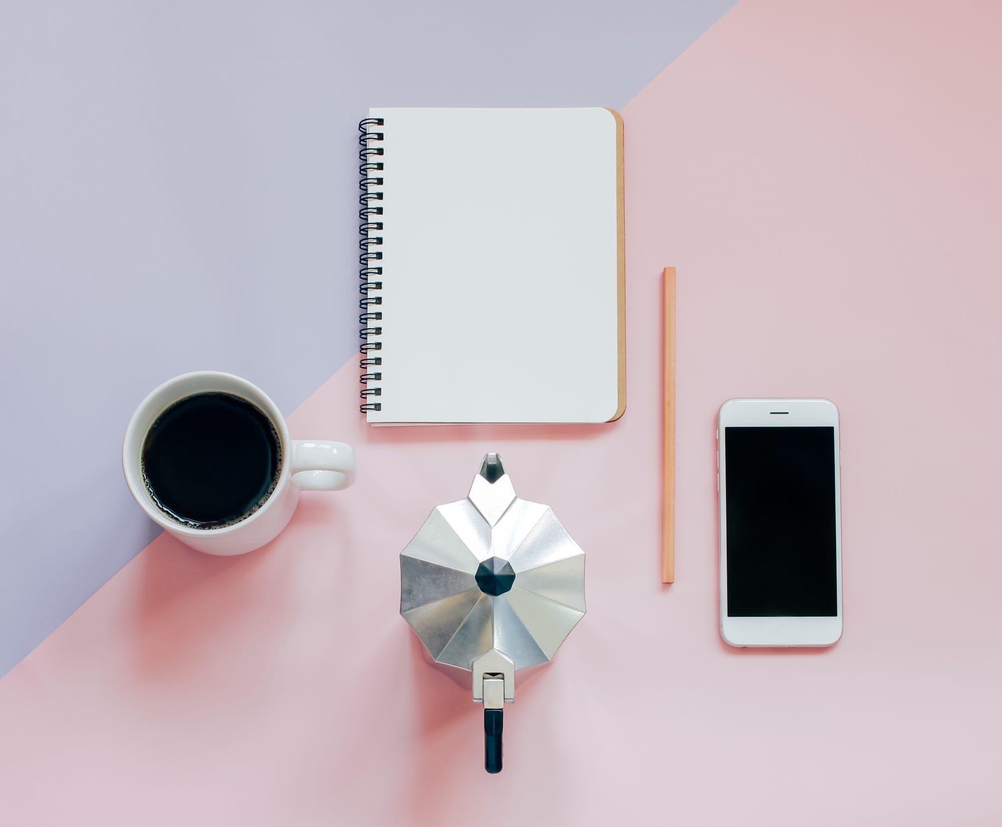 Creative flat lay photo of workspace desk with blank