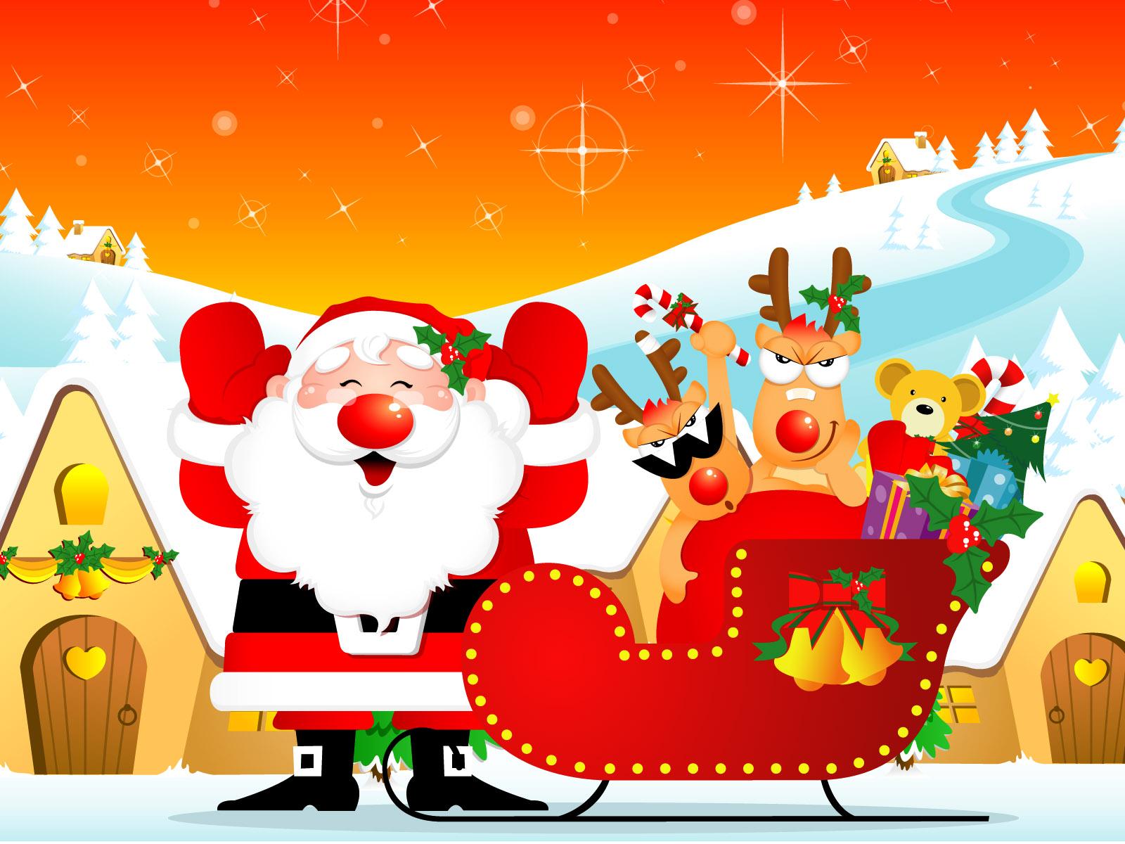 Funny Santa Claus and Reindeers widescreen wallpaper. Wide