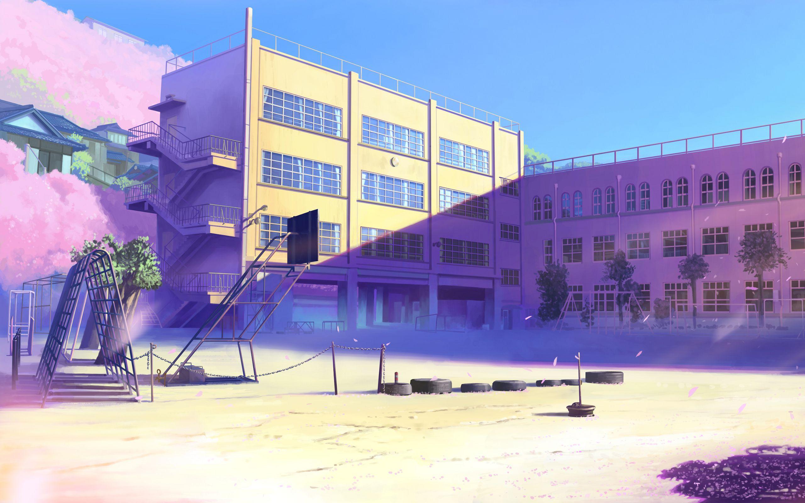 School yard image. Cool landscapes, Anime scenery