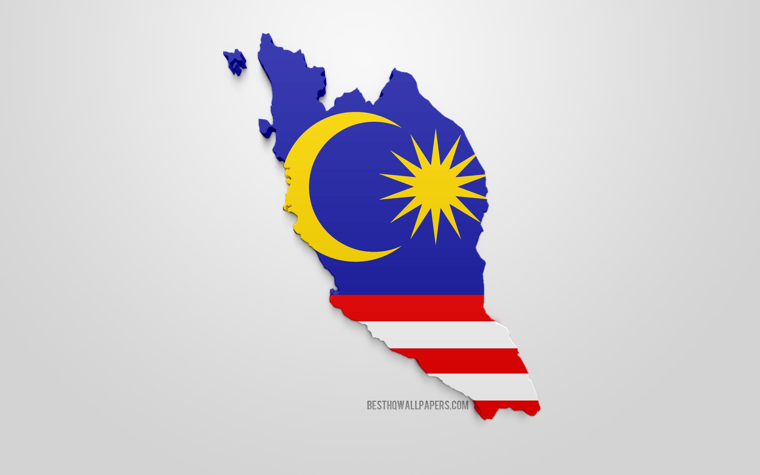 Download wallpaper 3D flag of Malaysia, map silhouette