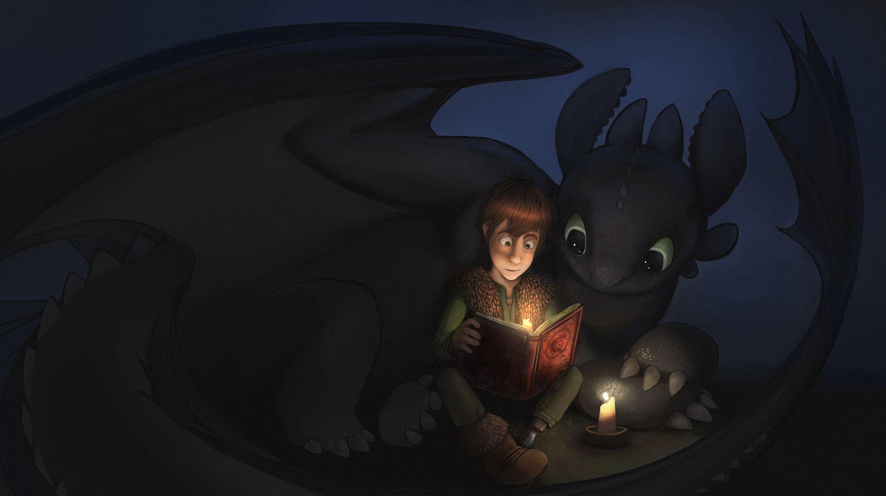 Toothless and Hiccup read a book. How train your dragon
