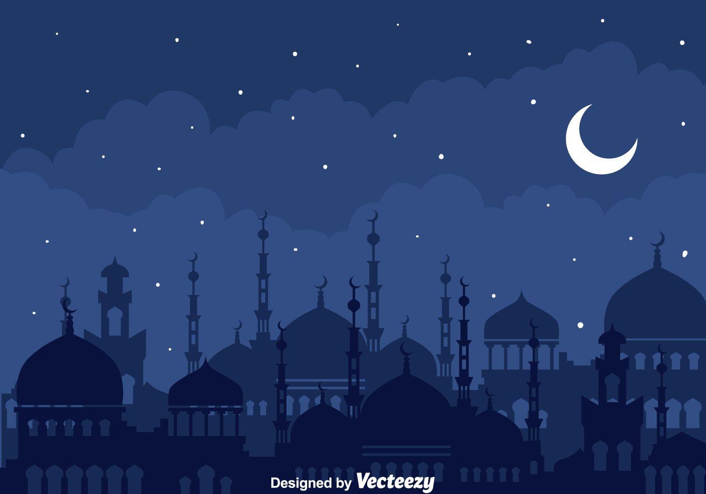 Illustration of silhouette mosque at arabian night