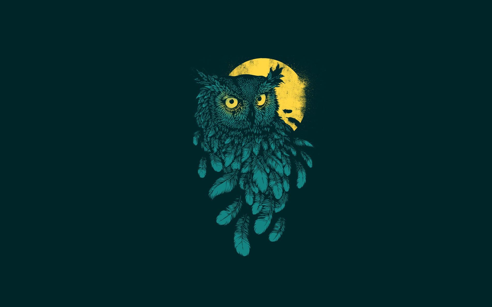 digital Art, Minimalism, Animals, Owl, Feathers, Moon