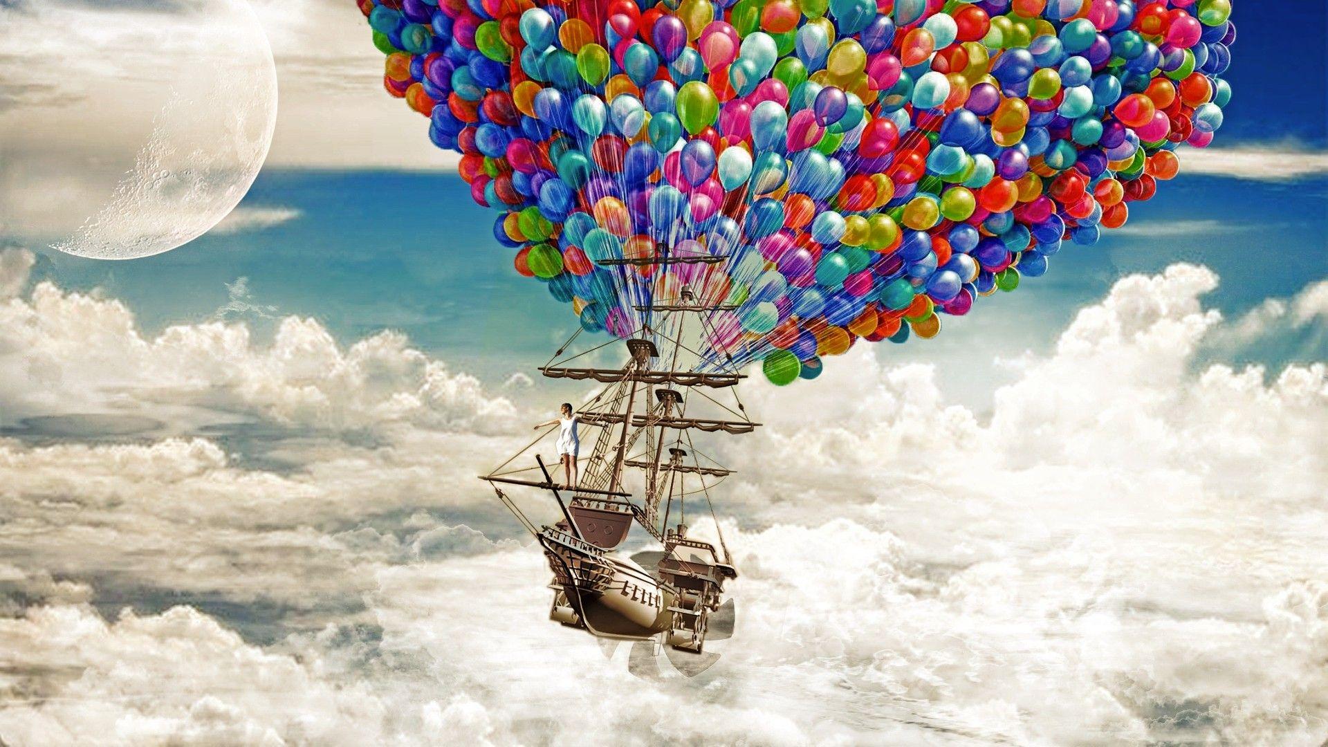 Ship Sail Ship Schooner Balloons Clouds Moon balloon fantasy