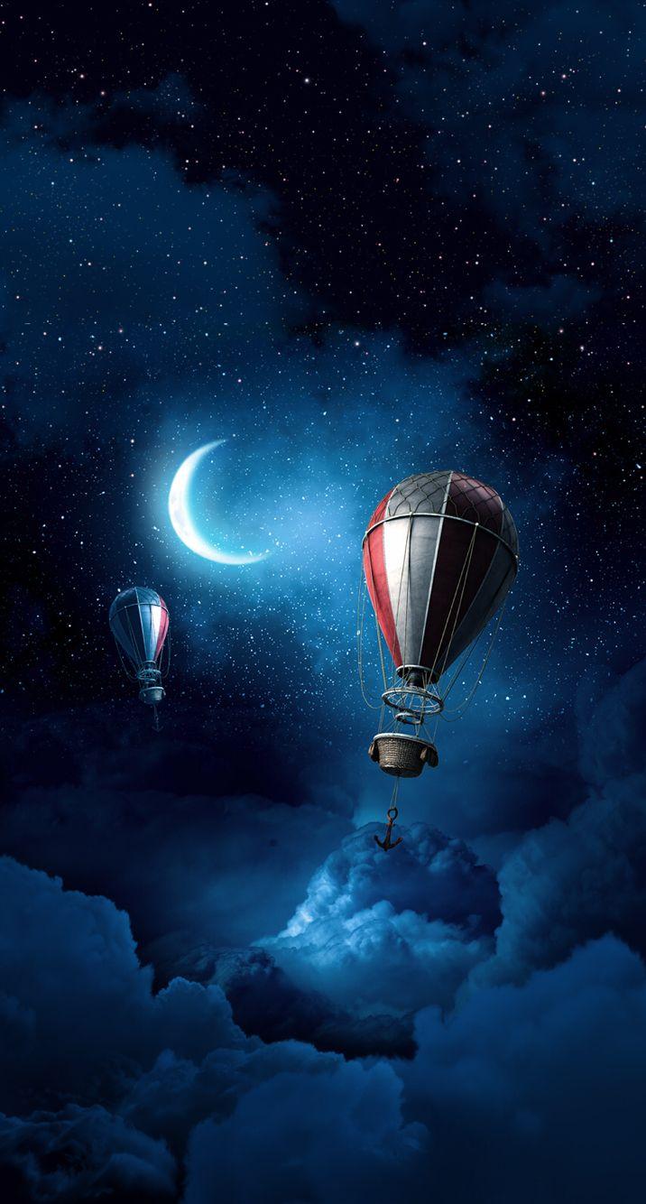Hot air balloon nightsky. Moon art, Hot air balloon
