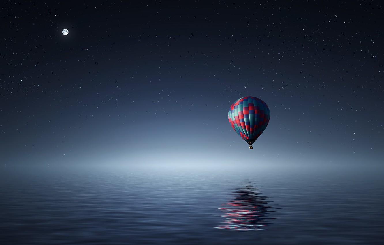 Wallpaper sea, stars, night, balloon, the moon image