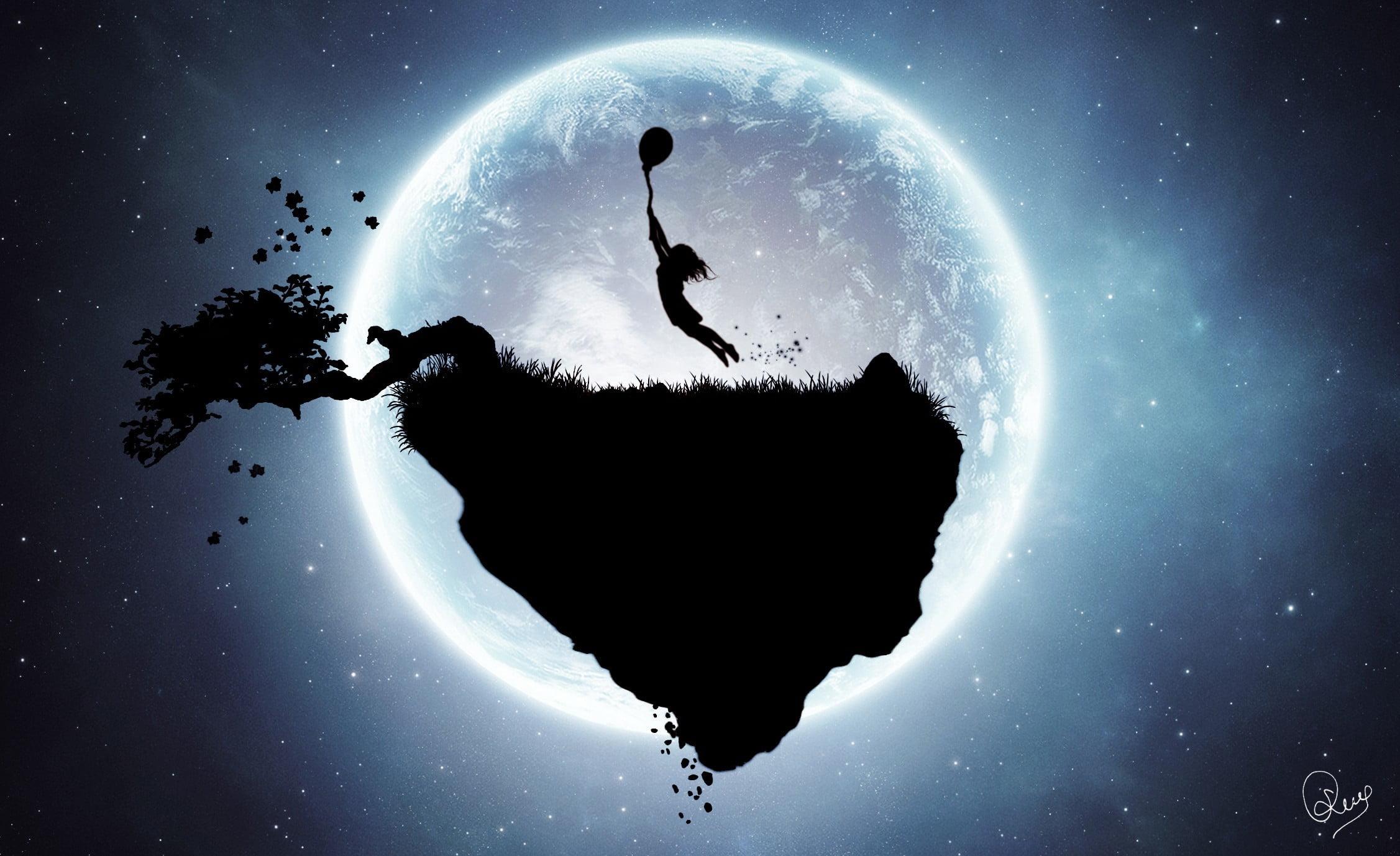 Silhouette of a kid with a balloon flying under the moon HD