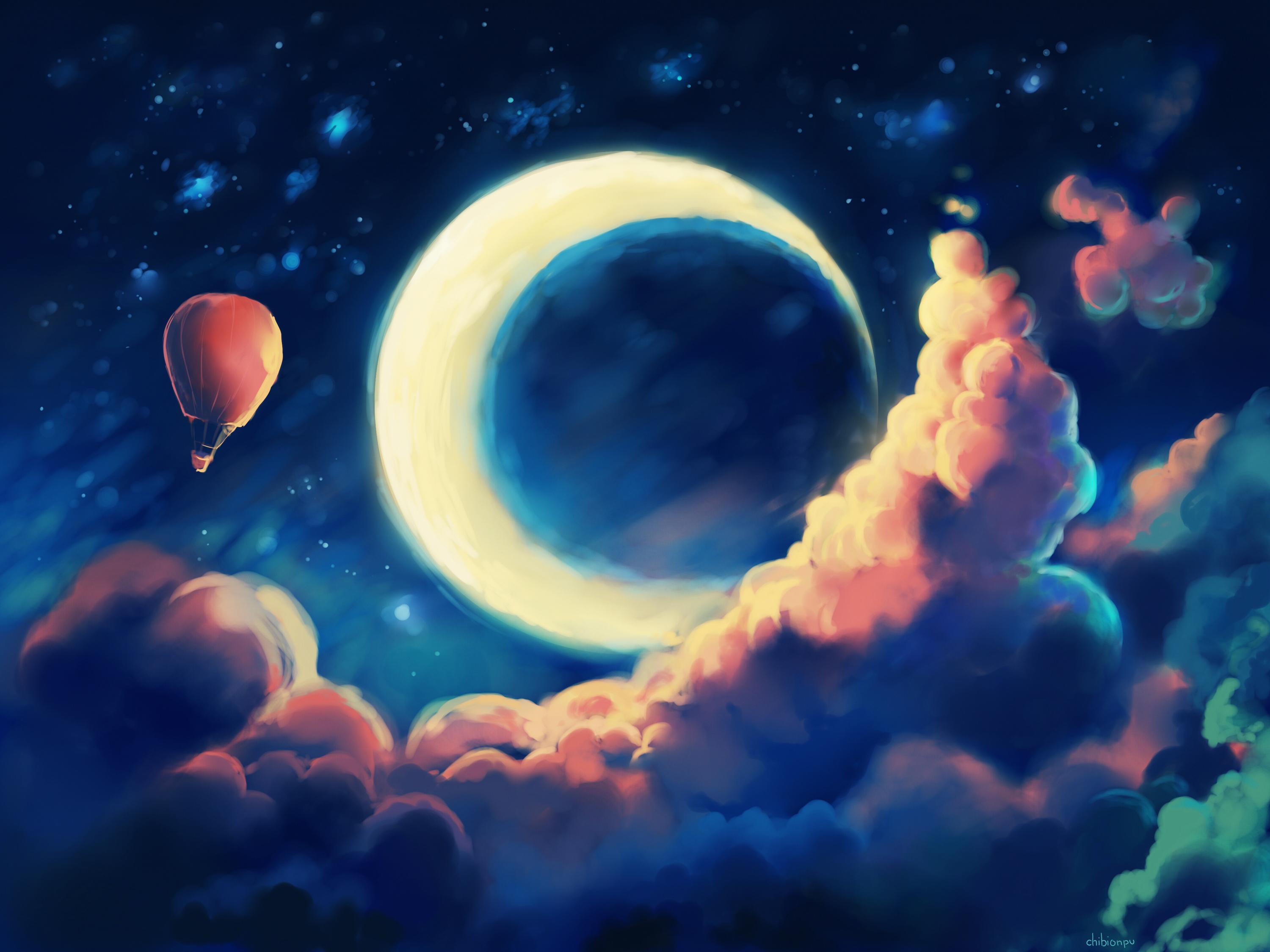 Balloon, Night, Drawing, Moon wallpaper