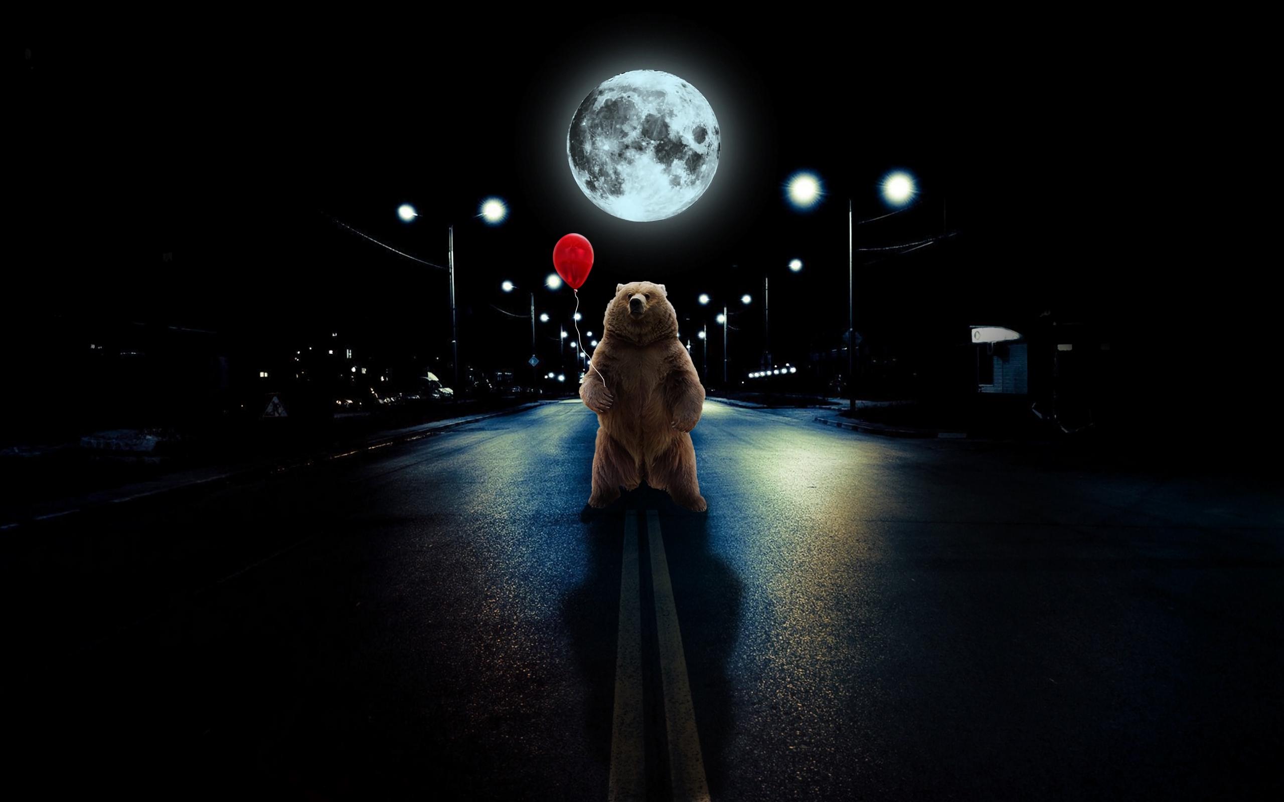 Download wallpaper 2560x1600 bear, balloon, full moon, road
