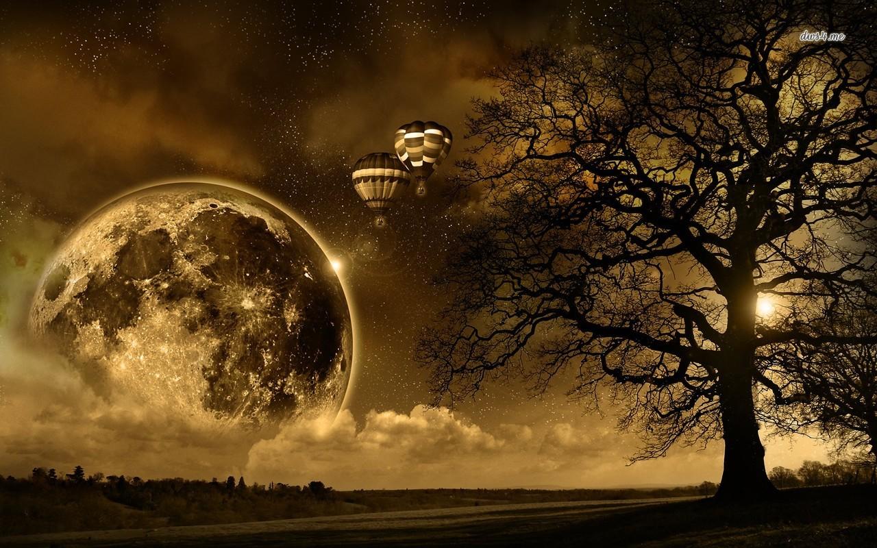 Hot air balloons in the night sky wallpaper