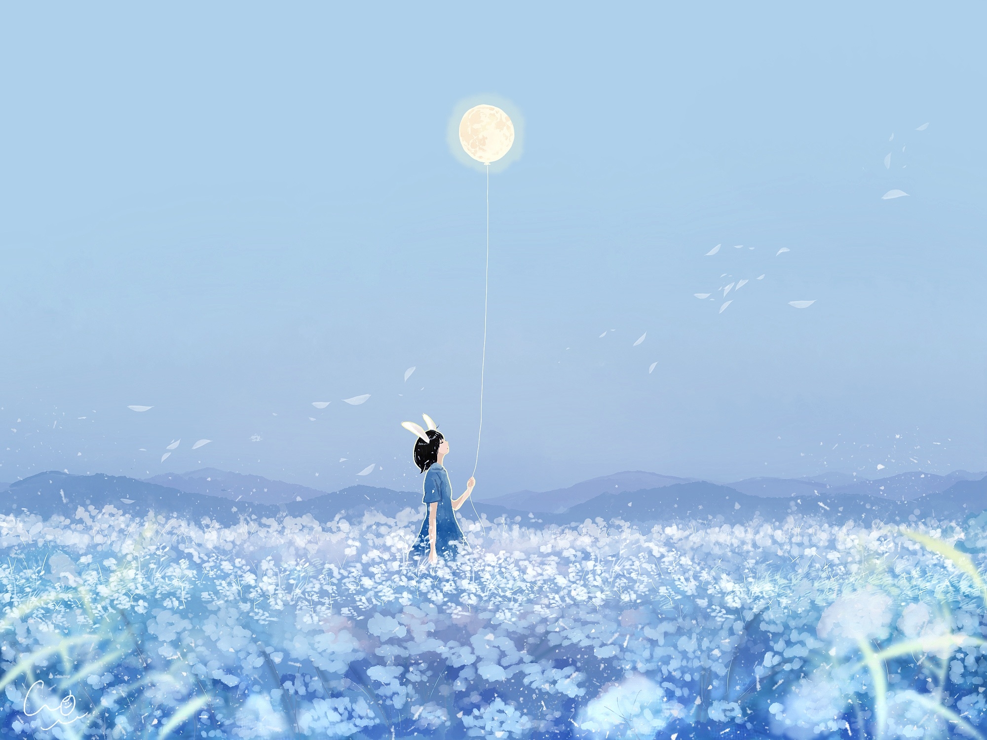Download 2000x1500 Anime Girl, Balloon, Moon, Surrealism