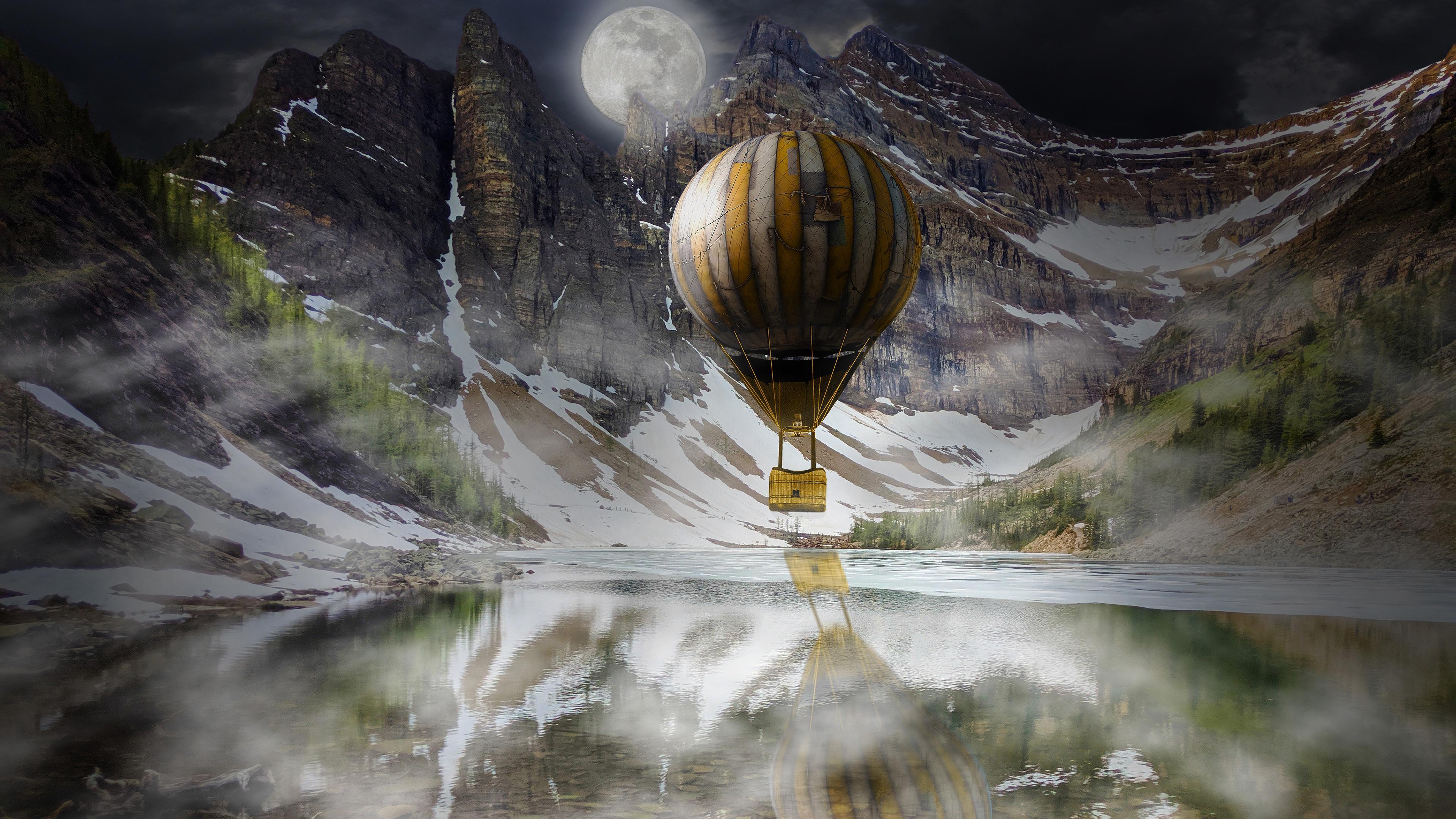 image Aerostat Fantasy mountain Moon Lake Night 3840x2160