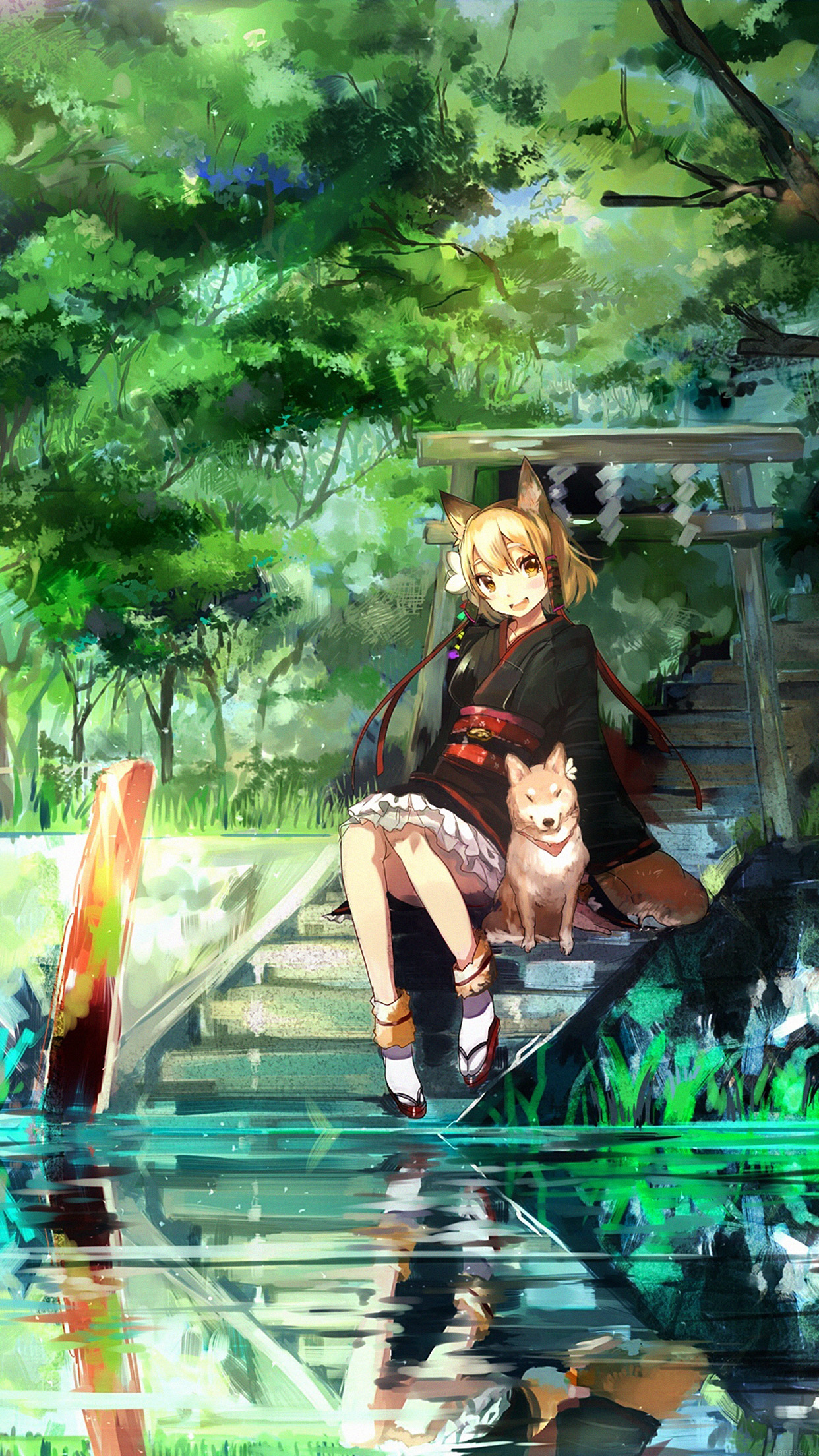 Girl And Dog Green Anime Art Illust Android wallpaper HD