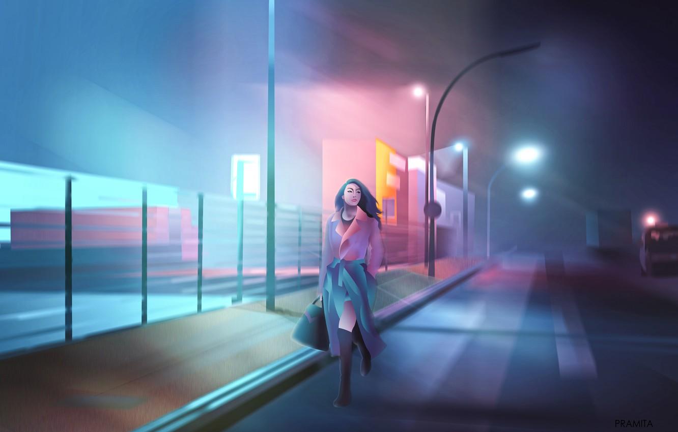 Wallpaper city, girl, alone, cyberpunk, painting, digital art, illustration, backgroud, dawn of darkness, purple colors, neon colors, street background image for desktop, section арт