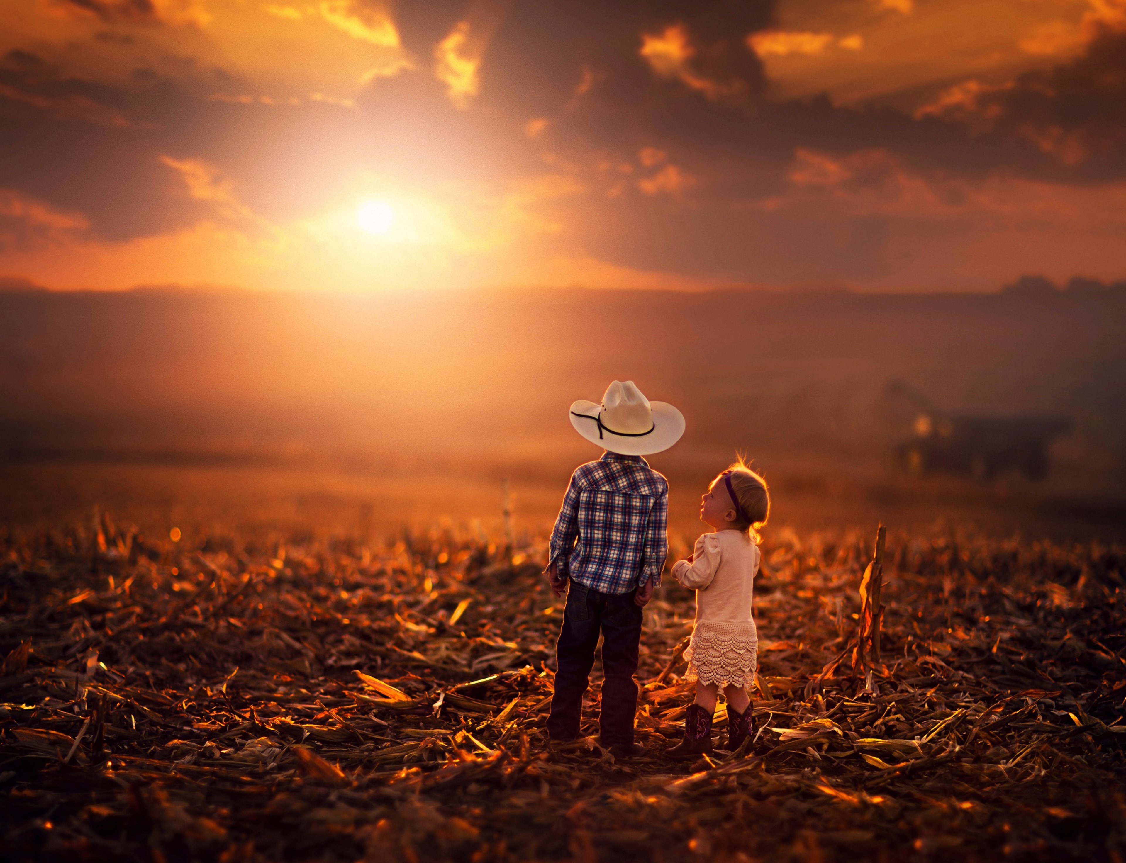 Sunset sunrise kids boy girl littles countryside cowboy