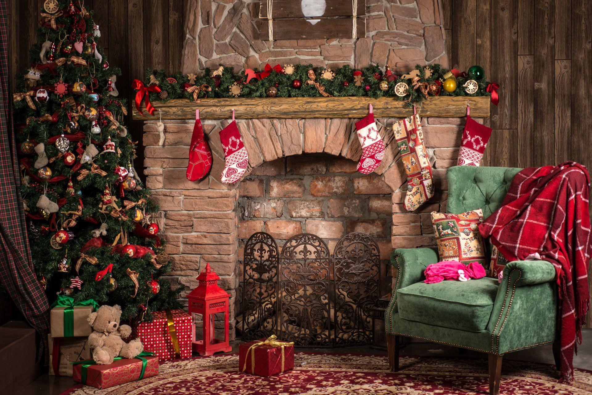 Holiday Christmas Holiday Christmas Tree Living Room Fireplace Christmas Ornaments Stocki. Christmas tree and fireplace, Christmas interiors, Christmas backdrops