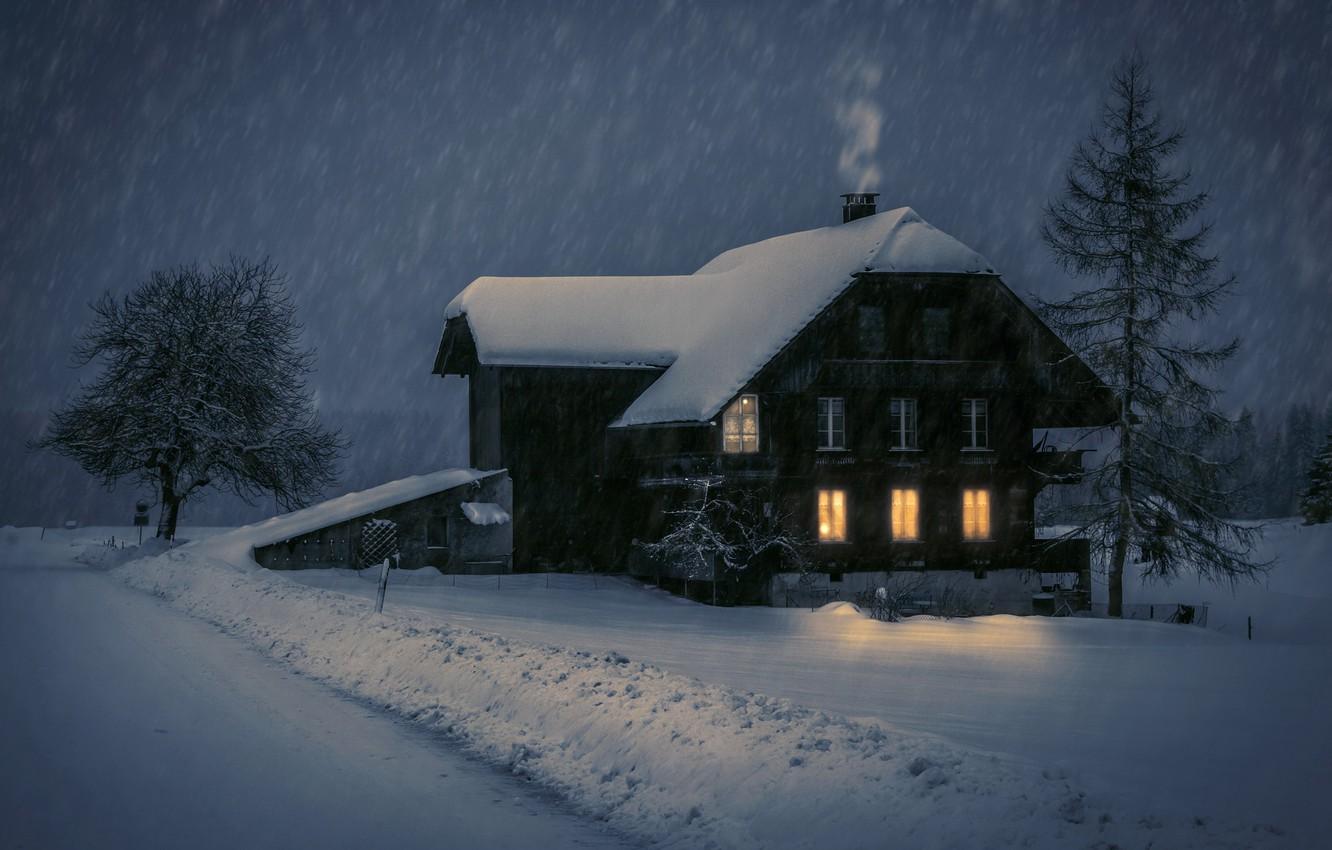 Wallpaper winter, snow, night, house, Romantic Winter