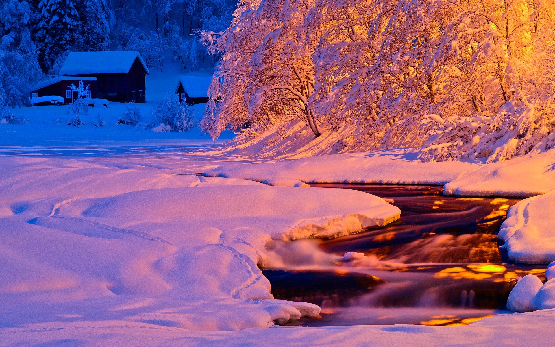 Wallpaper winter, evening, night, light, river, stream, snow