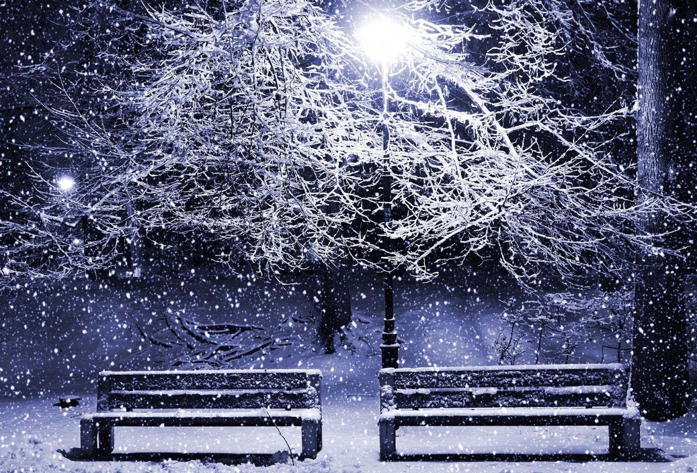 Snowy winter evening, park and benches, 3D custom wall mural