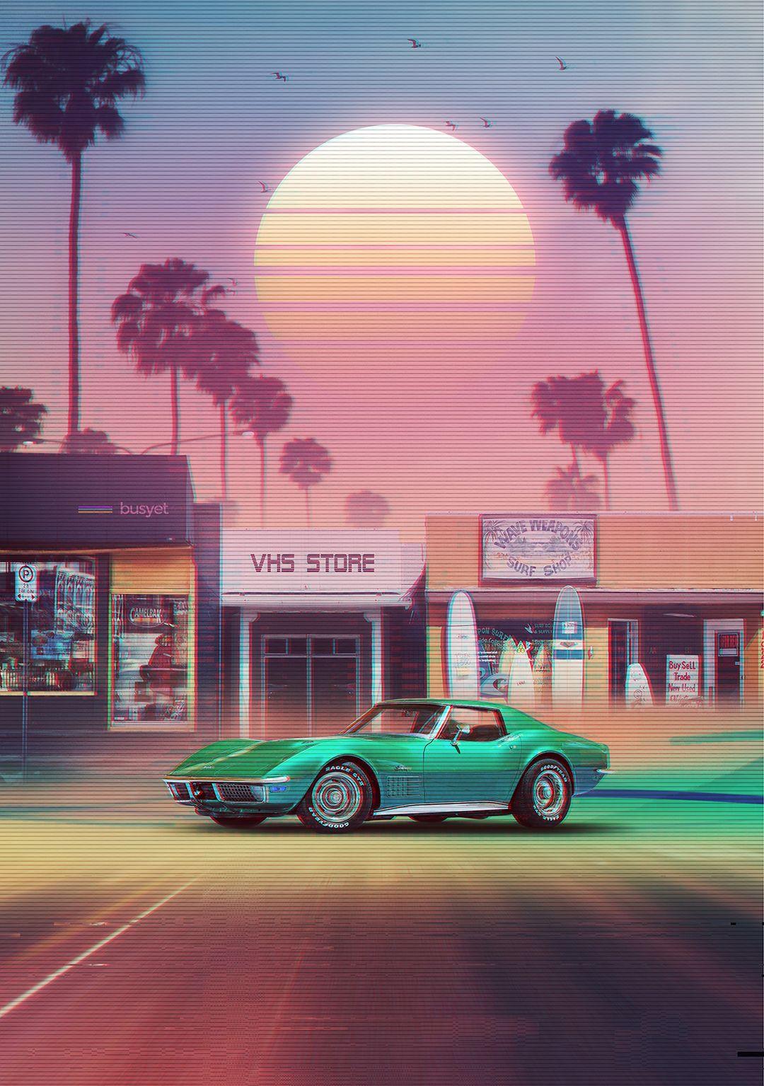 Synthwave Sunset Drive by Denny Busyet. Retro futurism, Aesthetic wallpaper, Glitch wallpaper
