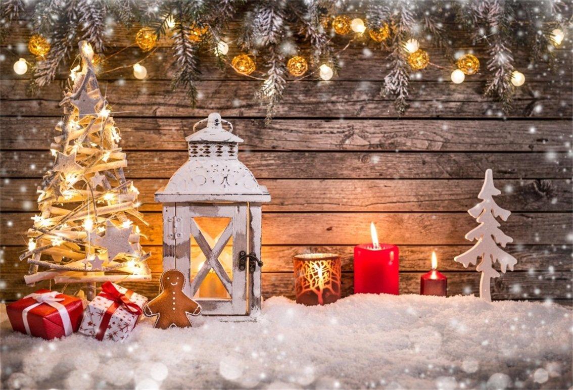 CSFOTO 7x5ft Christmas Backdrop Christmas Decoration Photography Background Gold Light Retro Lamp Gift Candle Snow Snowfall Celebration Holiday Xmas