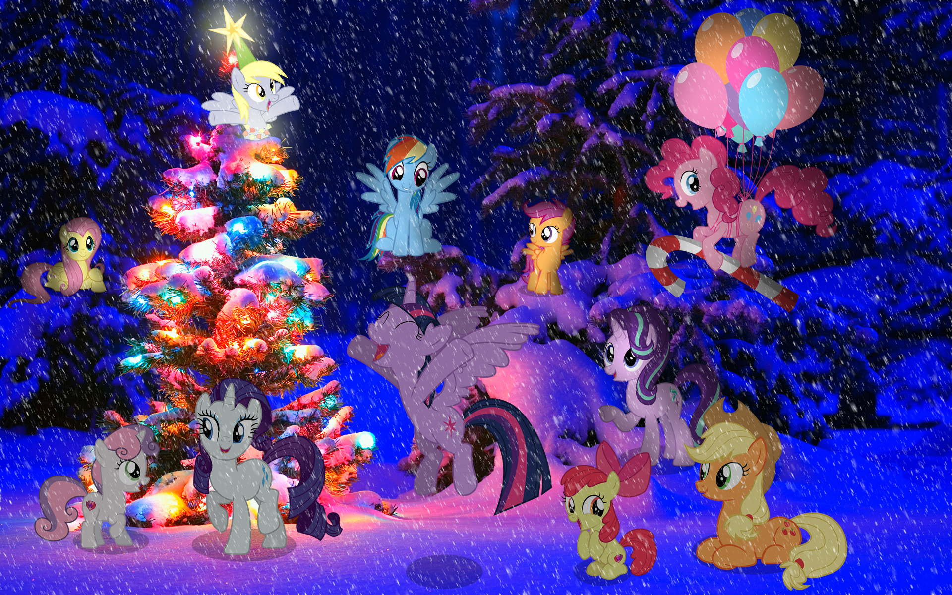 #Christmas tree, #Snowfall, #Ponies. Holidays