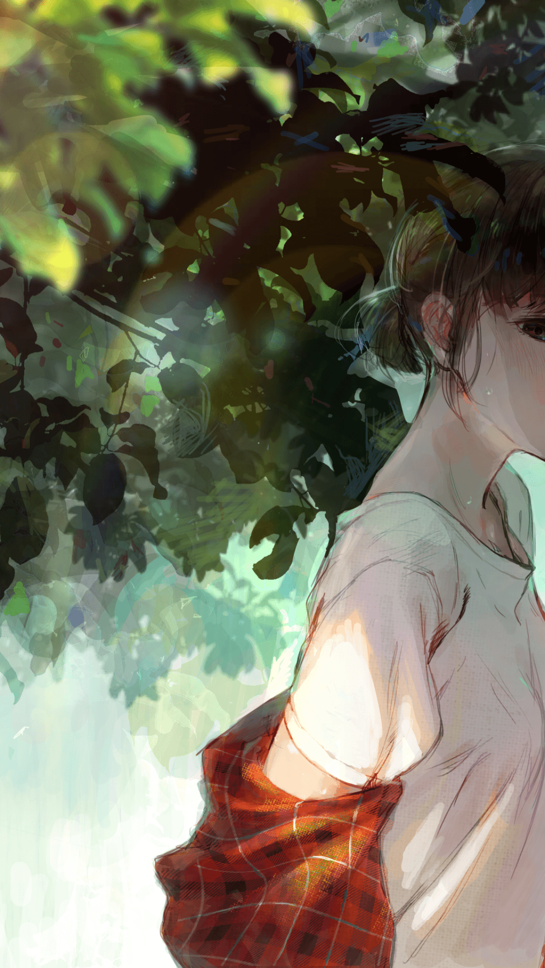 Download 1080x1920 Anime Girl, Leaves, Tree, Summer, Short