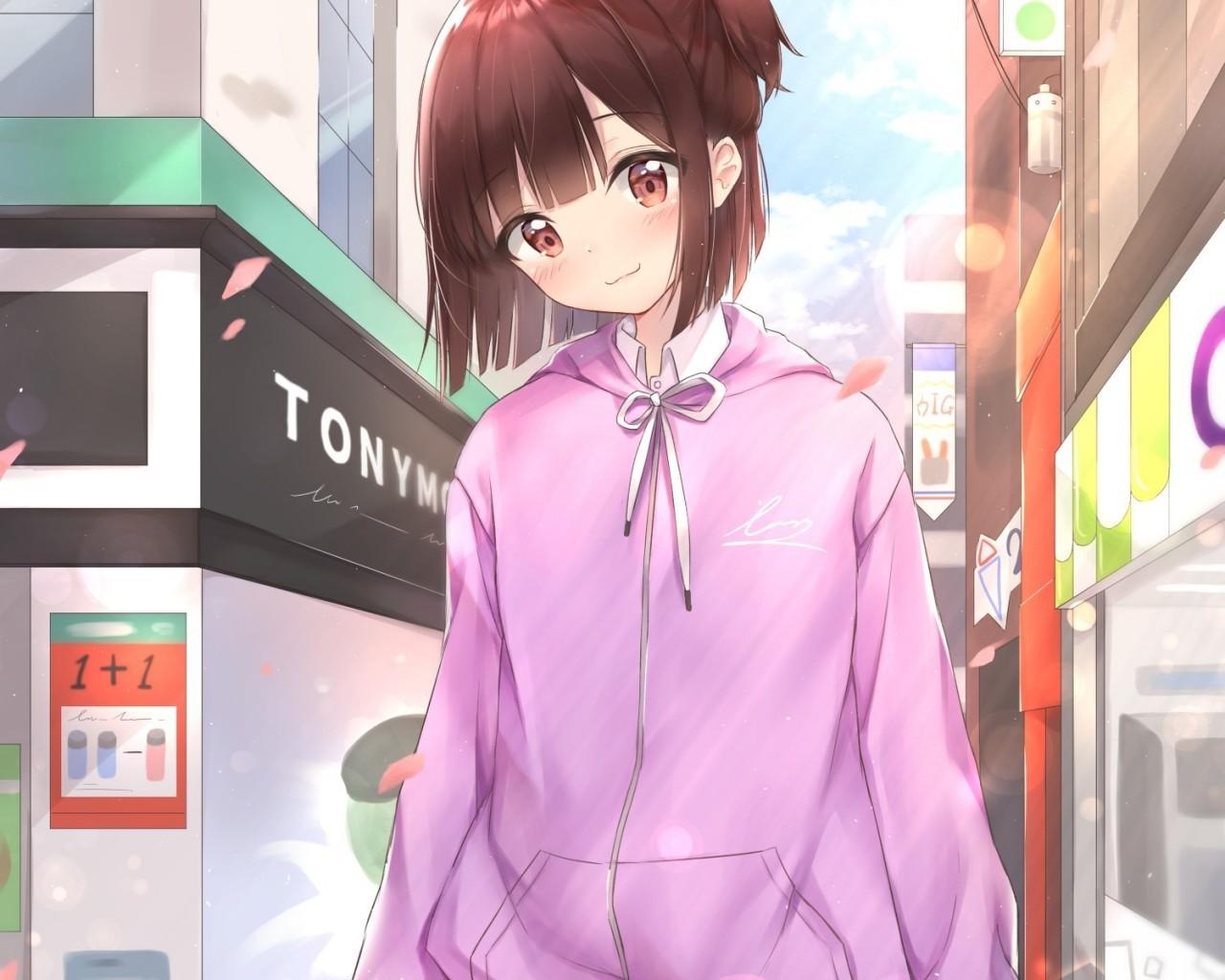 Download 1280x1024 Anime Girl, Sweater, Cute, Street, Short Hair