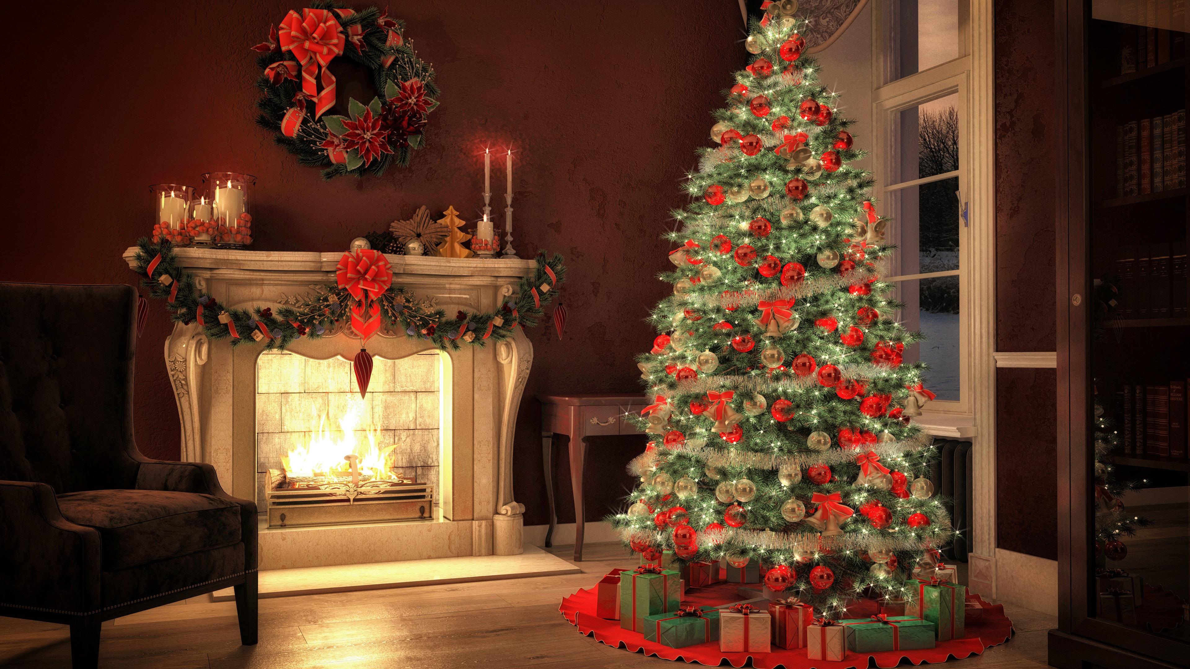 Wallpaper Christmas tree, fireplace, decoration, room