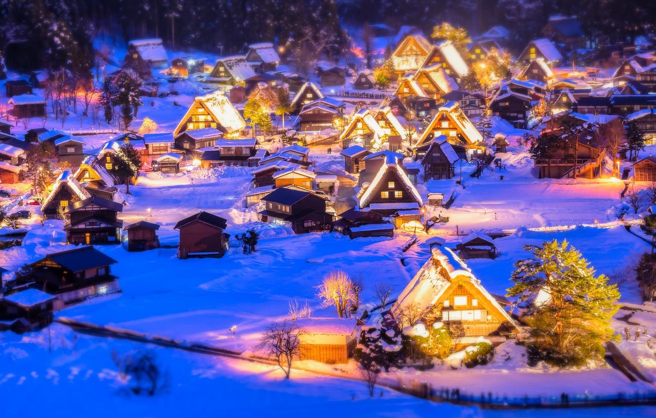 Wallpaper winter, snow, lights, New Year, Christmas, illumination, Christmas village image for desktop, section праздники