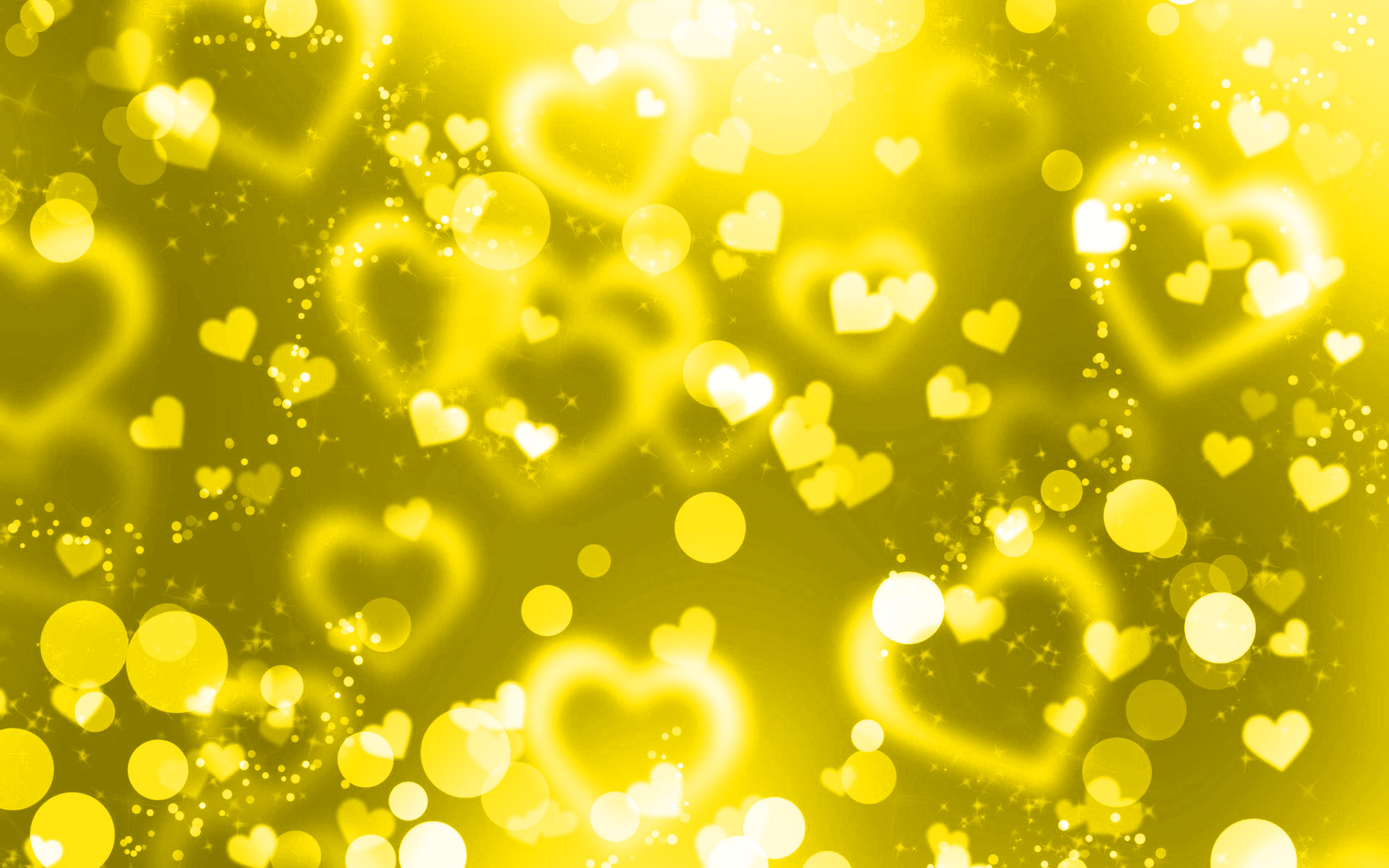 Download wallpaper yellow glare hearts, 4k, yellow glitter