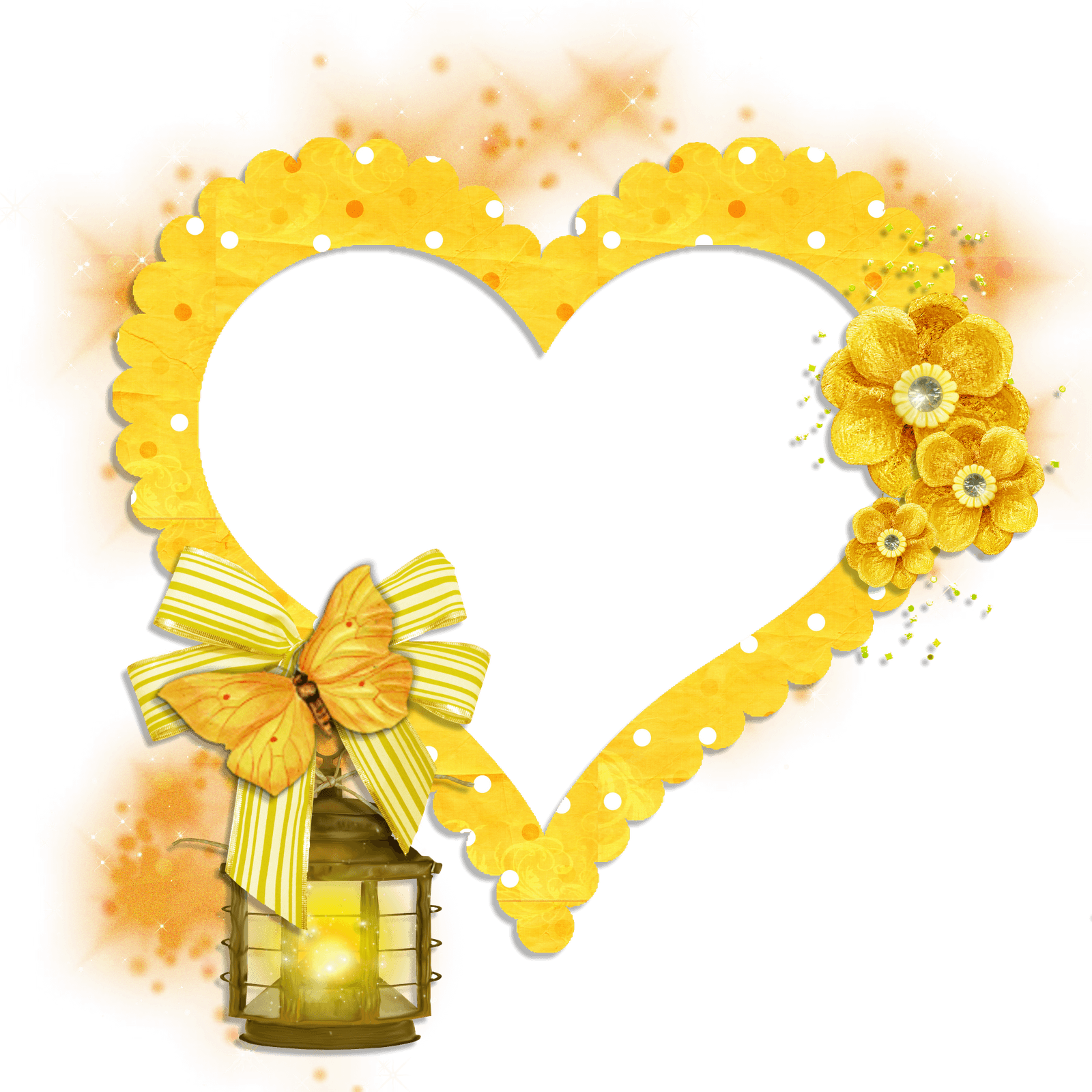 Transparent Frame Yellow Heart with Butterfly Flowers